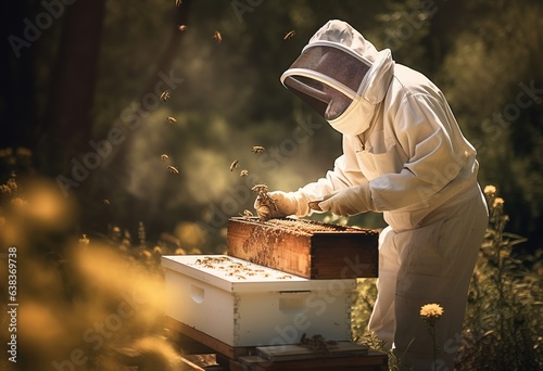 Farmer wearing protective clothing working with honeycomb in apiary, beekeeper looks after bees beekeeping in countryside concept organic apiculture generative ai