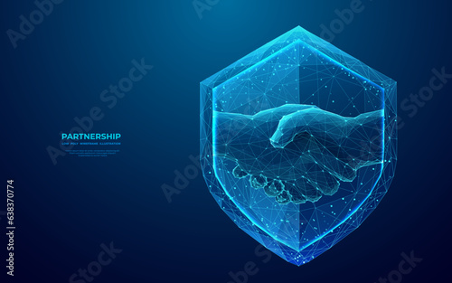 Safe deal concept in futuristic low poly wireframe style. Abstract digital handshake on knight shield technology background. Partnership, Best Deal vector illustration. Polygonal vector illustration.