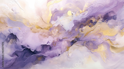 Beautiful abstract background of purple and gold marble liquid ink art painting. Luxury lavender liquid watercolor texture with golden stains. Pastel violet marble alcohol ink vector illustration.