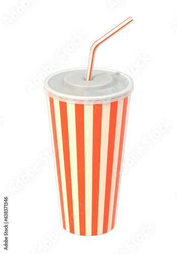 Fast food cola or milkshake drink cup, drinking straw. Generic striped beverage container. Png clipart isolated on transparent background