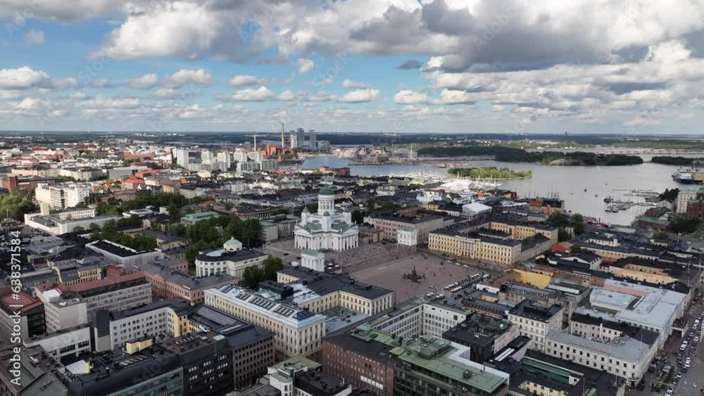 Aerial view of the cathedral of Helsinki with Kalasatama in the background Aerial view of the cathedral of Helsinki with Kalasatama in the background
