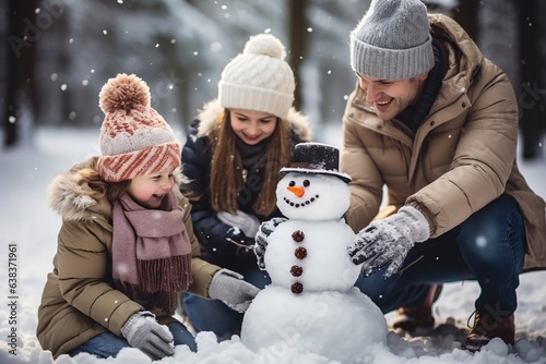 Joyful Children Crafting a Playful Snowman. Generative AI
