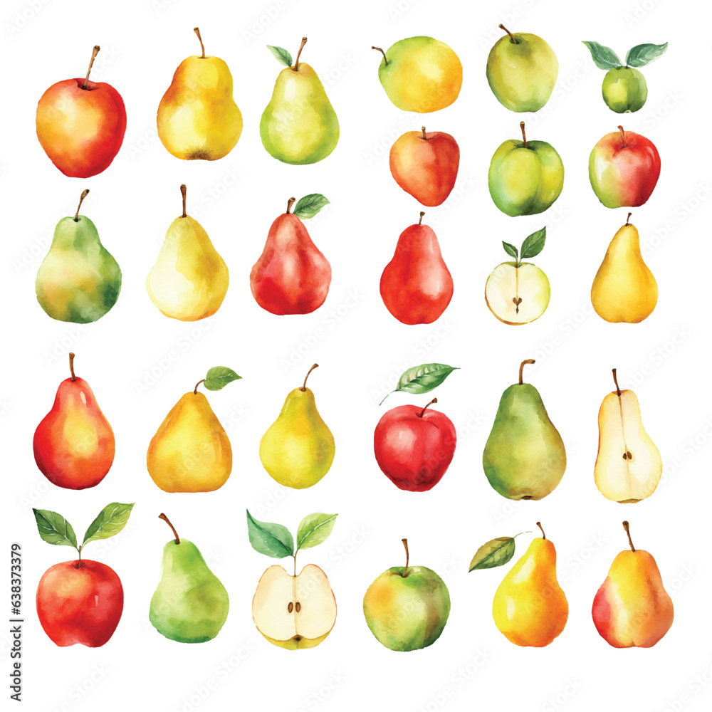 Set of watercolour fruits, seamless pattern apple & pears isolated on white background Set of watercolour fruits, seamless pattern apple & pears isolated on white background