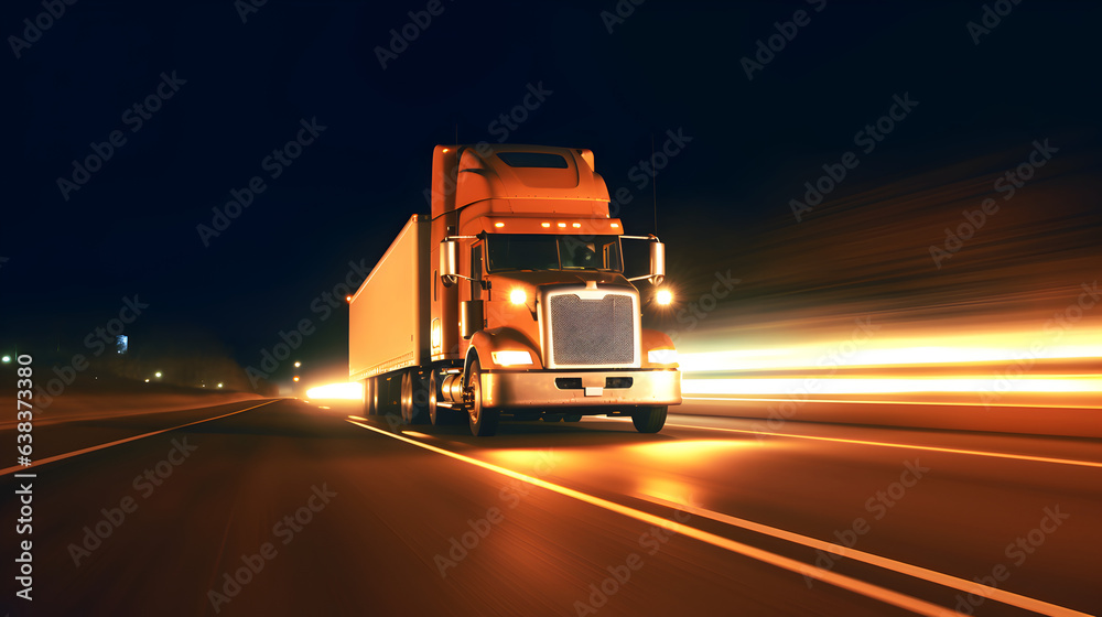 ruck driving on highway at night, car headlight light trail speed motion blur. Generative AI ruck driving on highway at night, car headlight light trail speed motion blur. Generative AI