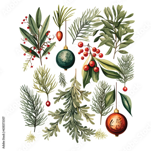 watercolor vector set of elegant christmas ornaments and greenery isolated on white background