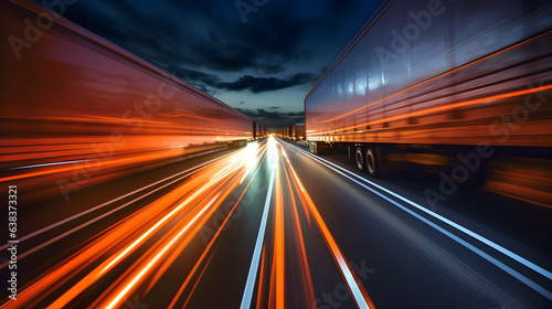Truck driving on highway at night, car headlight light trail speed motion blur,futuristic logistic transportation background. Generative AI