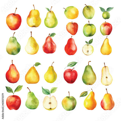 Set of watercolour fruits, seamless pattern apple & pears isolated on white background