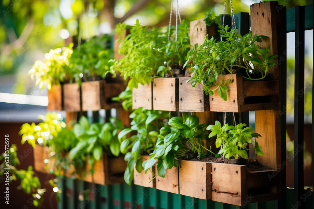 Recycled pallets and hanging plants create a DIY vertical garden on an apartment balcony. Ideal solution for urban gardening, where space is limited.