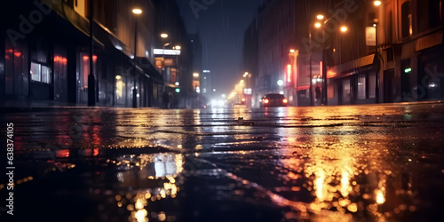 Wet asphalt, reflection of neon lights, a searchlight, smoke. Generative AI