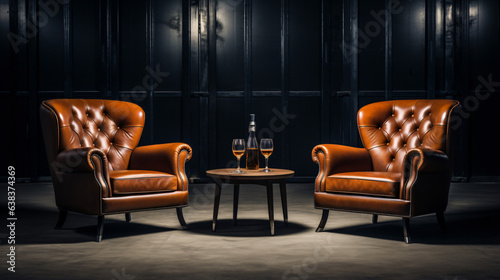 Two leather chairs and a glass of whiskey on a table
