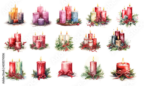 Varieties of cute watercolor Christmas candles and decorations Vector Illustrations