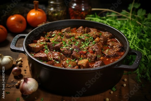 Close up of a pot of lamb stew, freshly baked stew, food store advertisement, food menu
