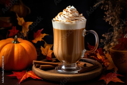 Pumpkin spice latte in a glass, autumn coffee, latte with cream closeup, coffee shop menu