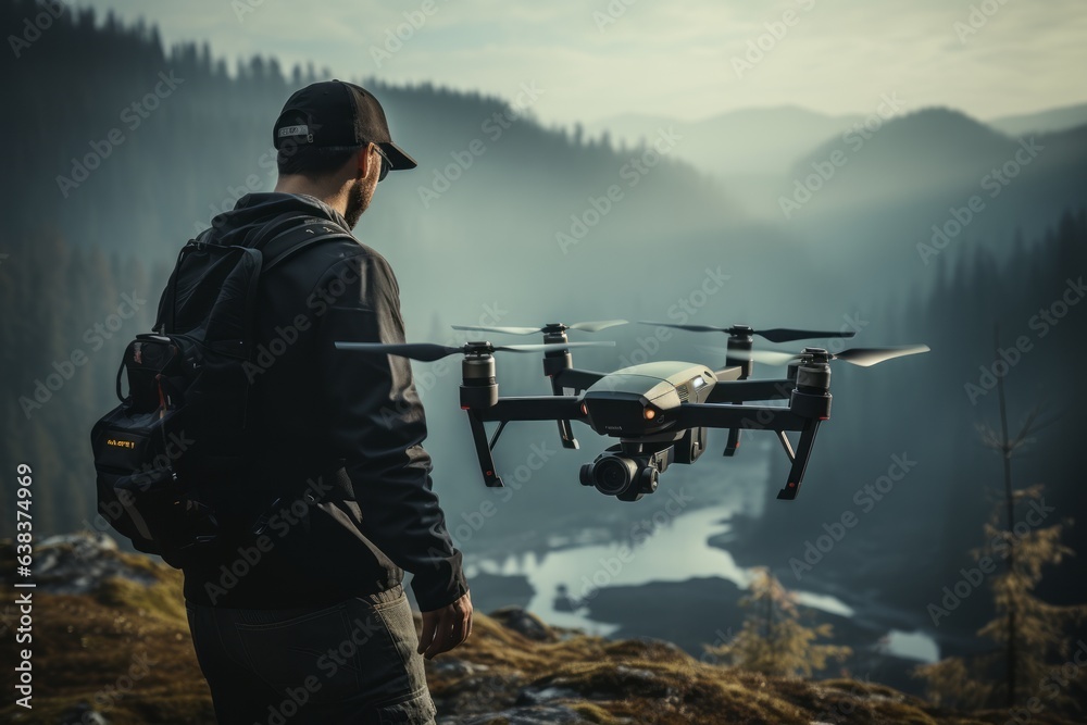 Obraz premium Drone Pilot Operating A Drone With A Phone, Generative AI