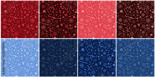 Monochromatic Set of Christmas Patterns. Blue and red monochromatic seamless christmas patterns. Vector Illustration. Perfect for gift wrappers, prints, designs, backdrops, banners. EPS 10.
