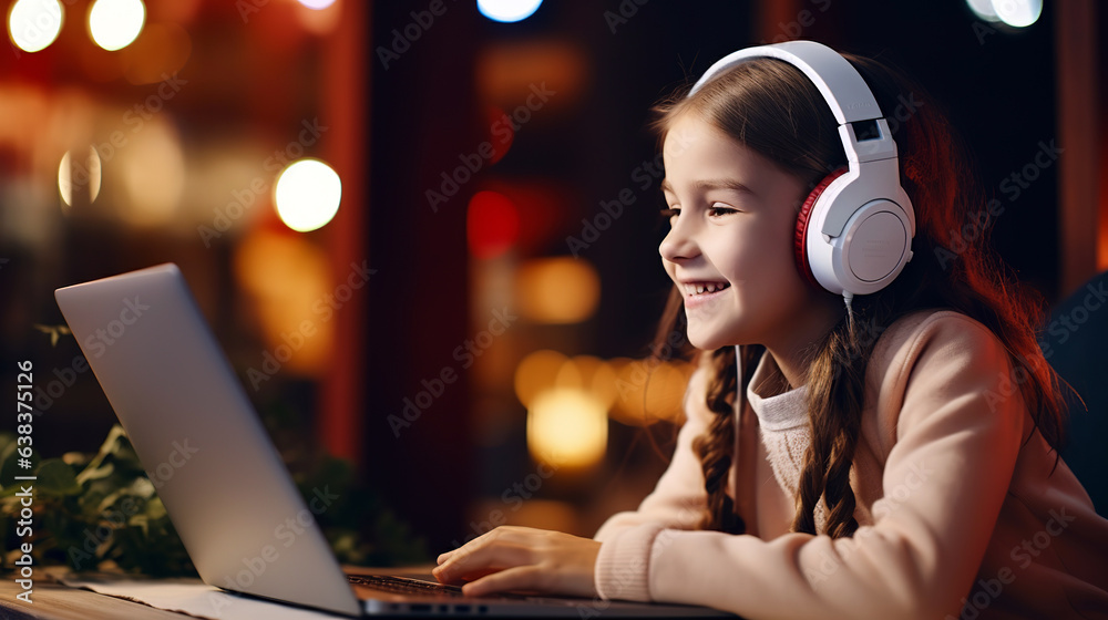 person with headphones and laptop - obrazy, fototapety, plakaty 