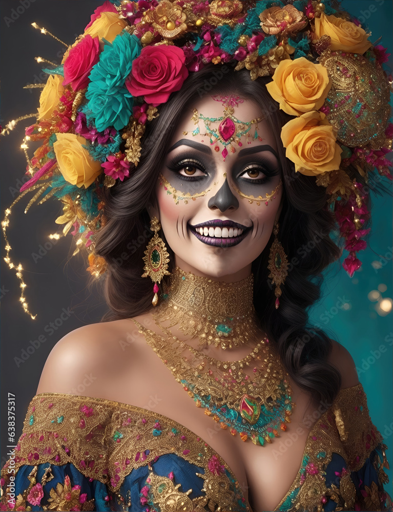beautiful woman with painted skull on her face for Mexico's Day of the Dead