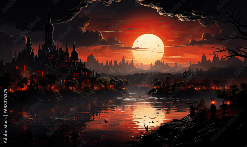 Galactic fantasy landscape. Fiery landscape of the planet.