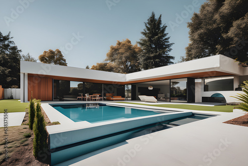 house with a beautiful swimming pool in the front yard with forest in background created with generative Ai © MuhammadHaseeb