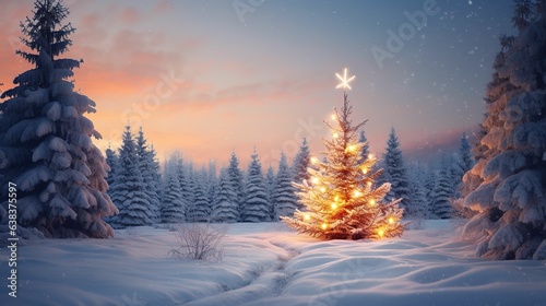 Christmas tree background image lit up at night, Christmas tree themed background image with blank creative space, winter sale background, happy new year theme creative background
