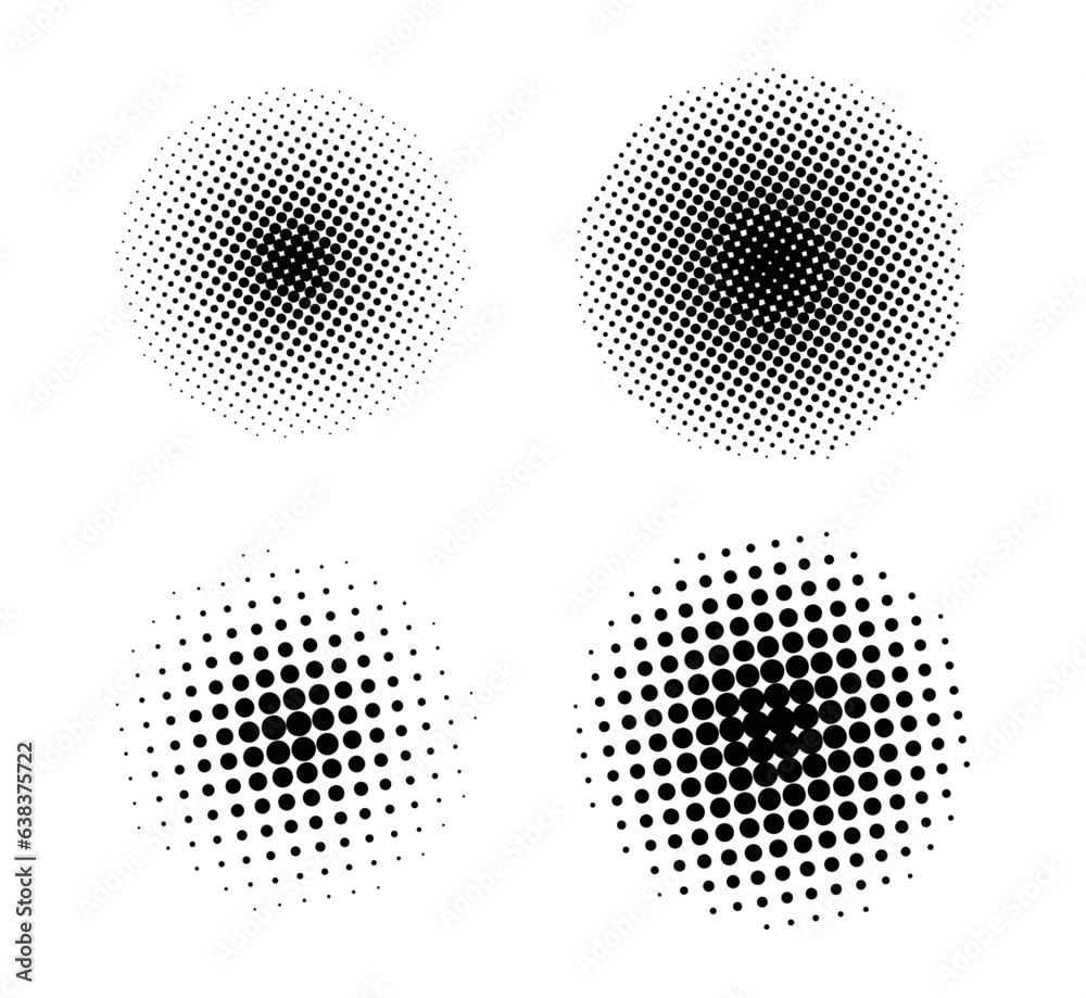 Set of circular halftone dots isolated on white background. Vector illustration of round halftone dots of different sizes and densities.