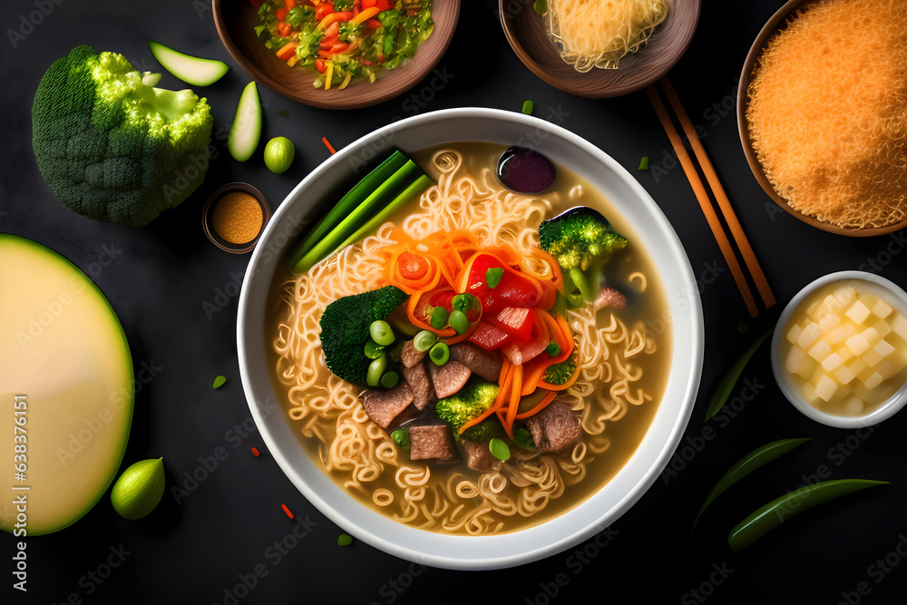 illustration of top view of colorful ramen soup noodles with vegetables and meat in a bowl generated by AI - obrazy, fototapety, plakaty 