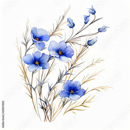 Watercolor branch with flowers and flax buds. wild background