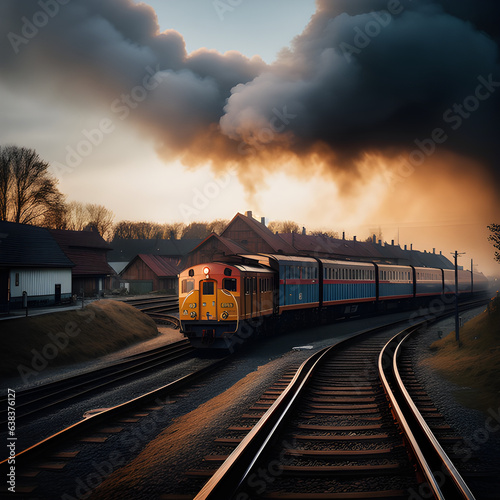 Pociąg przejeżdżający przez wieś na tle zachodzącego słońca