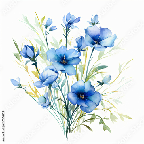 Watercolor branch with flowers and flax buds. wild background