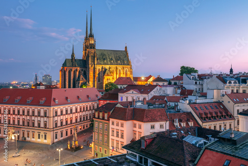 Brno, Czech Republic. Aerial cityscape image of Brno, second largest city in Czech Republic with the Cathedral of St. Peter and Paul at summer sunset.