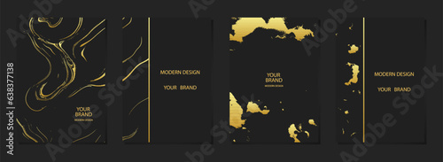 Set of unique cover design. Black backgrounds, marble grunge texture, crack. Geometric 3d embossed, golden pattern. Collection of abstract vector vertical templates for modern creativity.