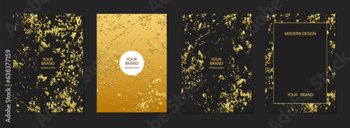Set of original cover design. Black backgrounds, marble grunge texture, crack. Geometric 3d embossed, golden pattern. Collection of abstract vector vertical templates for modern creativity.