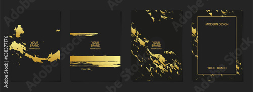 Creative cover design set. Black backgrounds, marble grunge texture, crack. Geometric 3d embossed, golden pattern. Collection of abstract vector vertical templates for modern creativity.