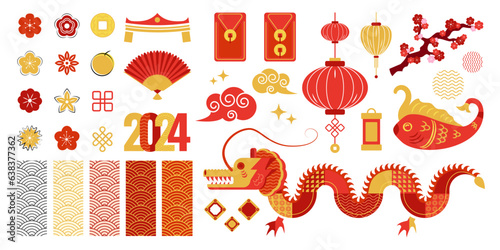 Chinese New Year design elements set, decorative vector objects, Asian decorative art for postcards, cards, banners, prints.