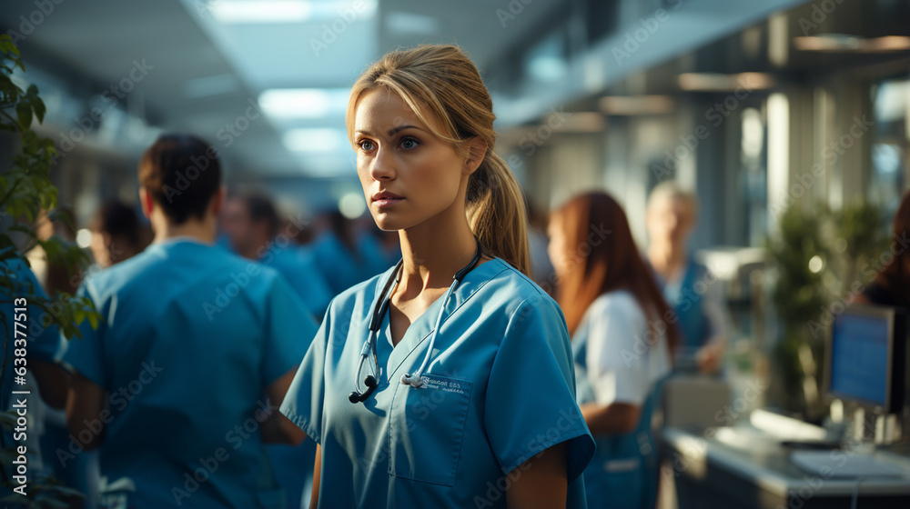 Busy hospital corridor with diverse doctors. Busy hospital corridor with diverse doctors.
