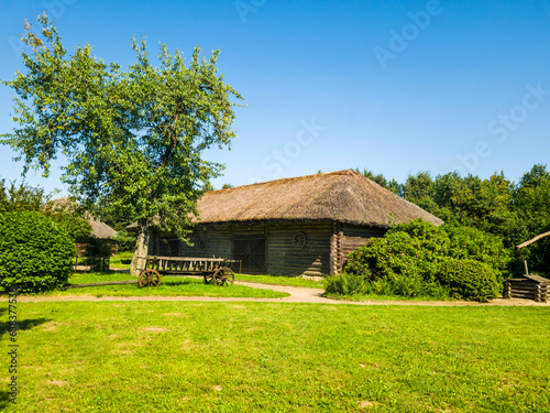 Shot of the rural, old hut at the russian village. Country