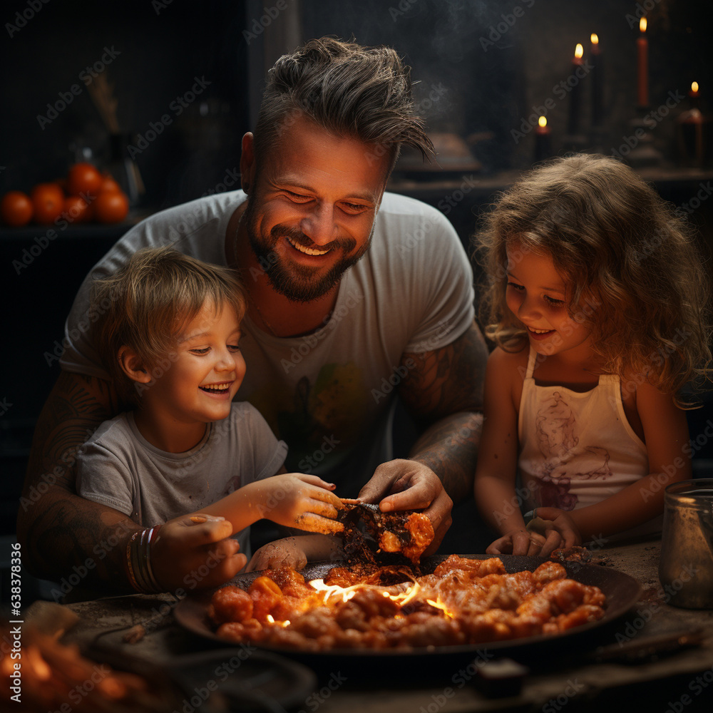 Father and children prepare food.