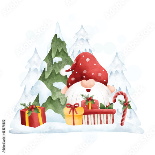 Watercolor illustration Christmas gnome with Christmas tree and gifts