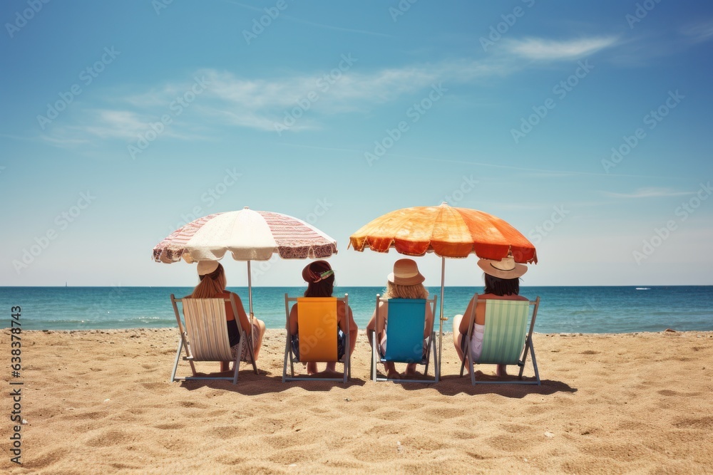 Beach relaxation under tropical sun, friends enjoy ocean, white sand, clear sky.