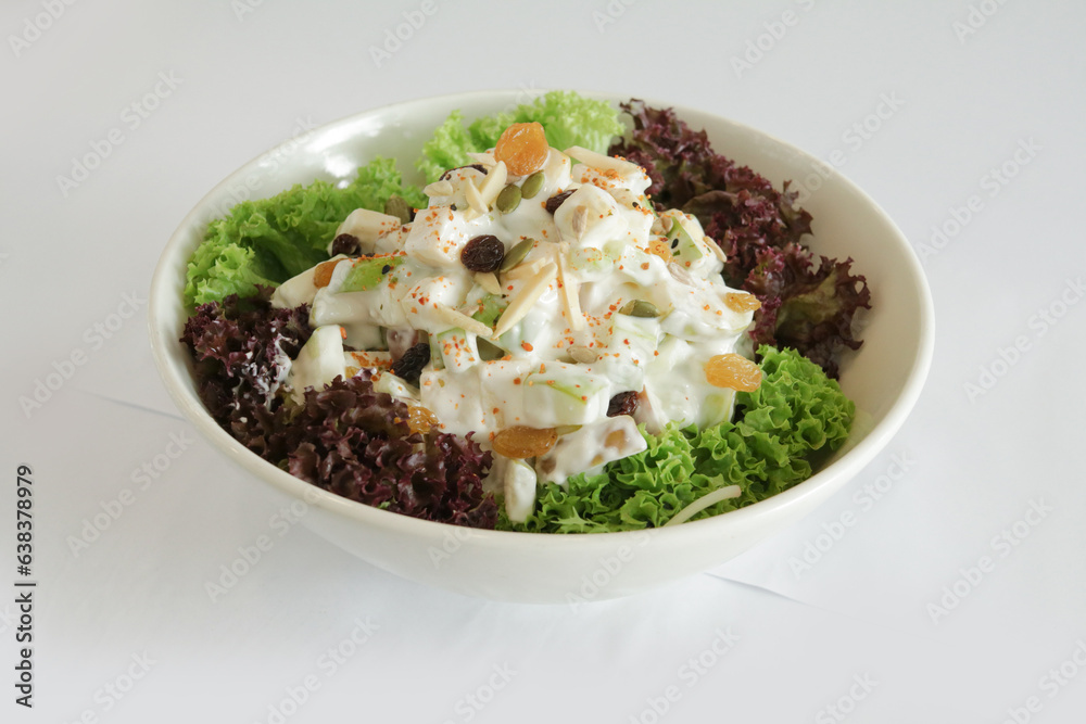 season green vegetables potato and fruit apple coleslaw w salad dressing sauce canapés butler in plate on white background appetiser Christmas festival party halal food hotel cuisine restaurant menu season green vegetables potato and fruit apple coleslaw w salad dressing sauce canapés butler in plate on white background appetiser Christmas festival party halal food hotel cuisine restaurant menu