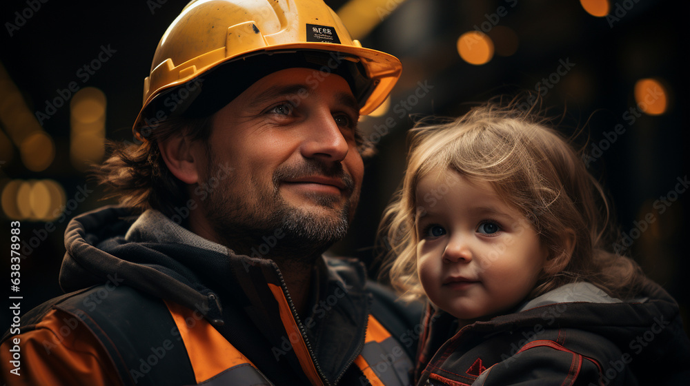 Father and little son construction workers in special uniforms. Father and little son construction workers in special uniforms.