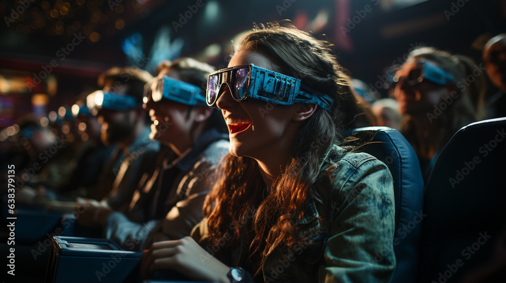 Group of people wearing 3d-glasses watching a movie in cinema.