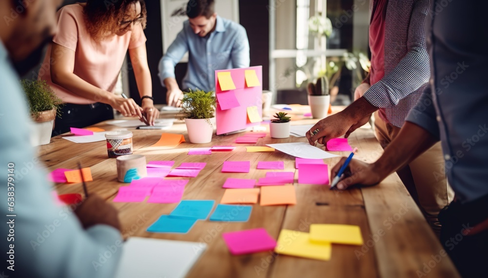 Discuss with colorful note paper on the wooden table, plan the concept of success Discuss with colorful note paper on the wooden table, plan the concept of success