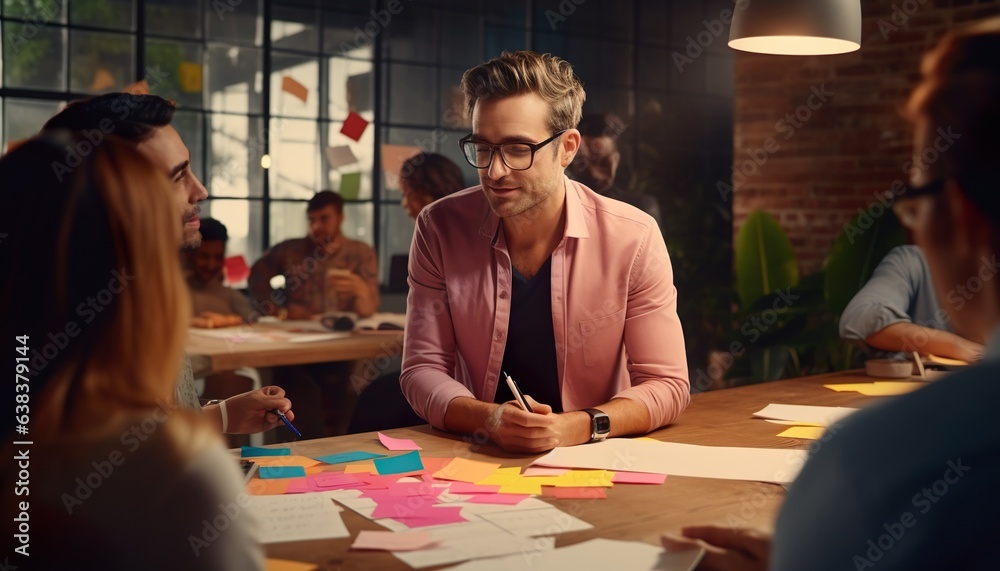 Fototapeta premium Discuss with colorful note paper on the wooden table, plan the concept of success