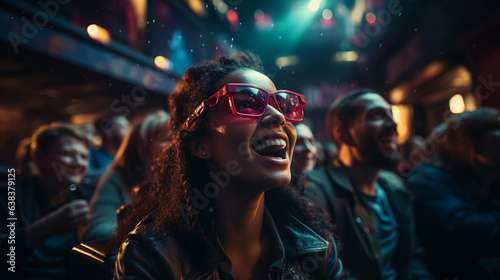 Group of people wearing 3d-glasses watching a movie in cinema.