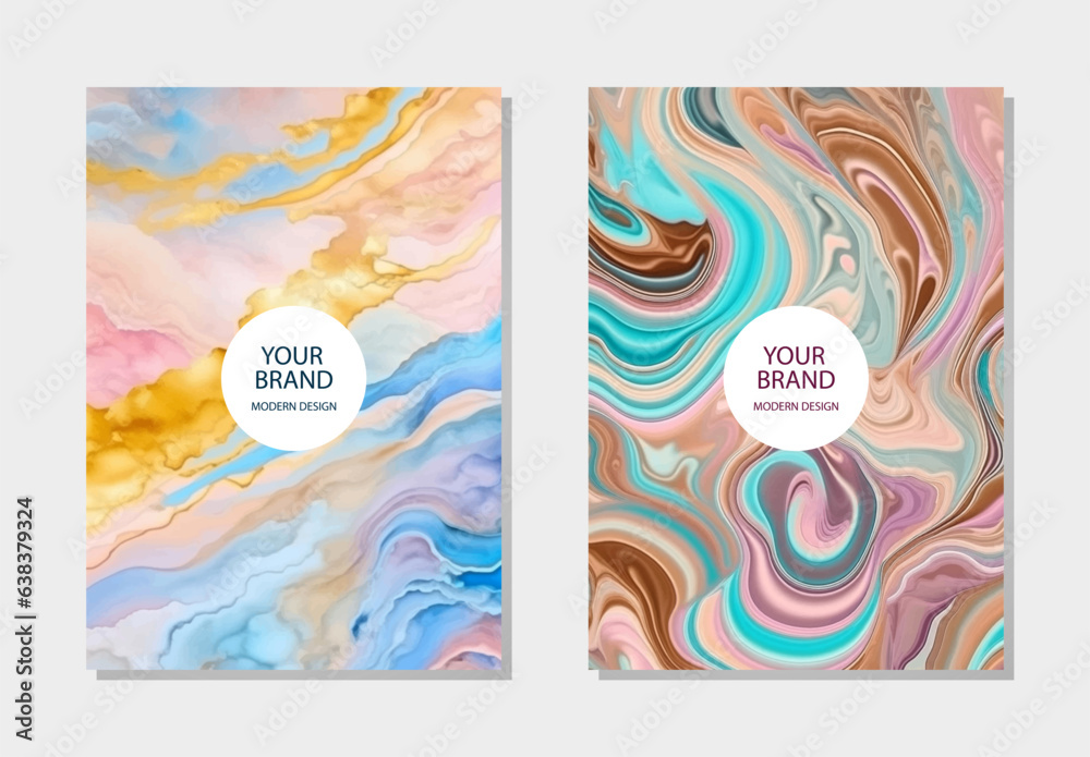 Cover design set. Abstract multicolored watercolor 3d backgrounds, pattern with liquid marble watercolor texture, ink effect. Collection of luxury vertical templates in trendy colors.
