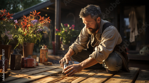Man sanding outdoor wooden deck.