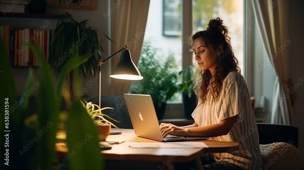 Young woman, girl student using laptop E-learning or remote working at home office using laptop pc computer for webinar Generative Ai Young woman, girl student using laptop E-learning or remote working at home office using laptop pc computer for webinar Generative Ai