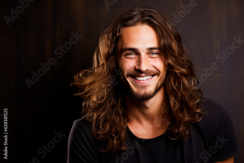 atractive man with long hair smiling on bright background, smiling portrait. illustration created with AI