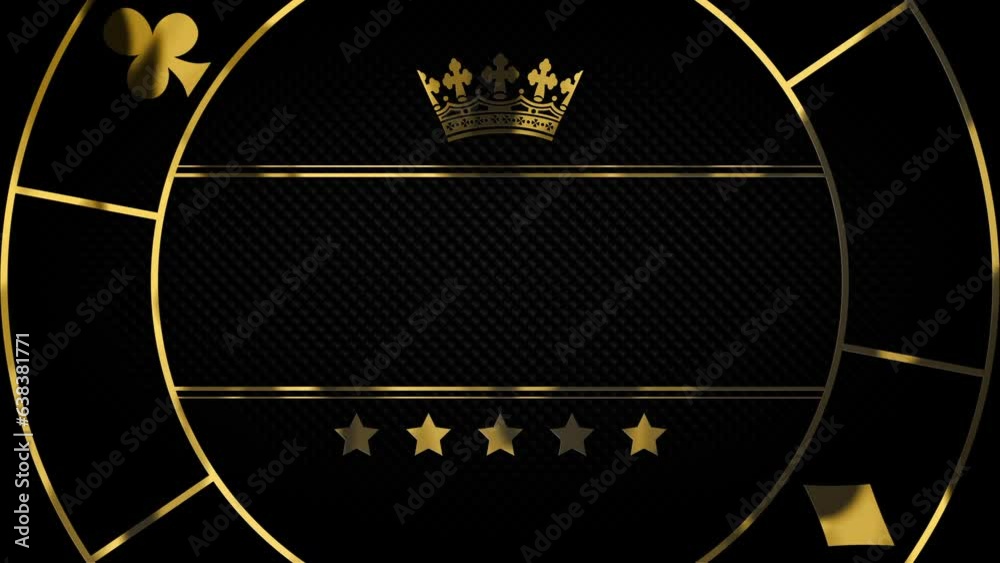 Luxury gold poker chip and crown on title border background. Black abstract text banner. Blank vip backdrop with golden frame and poker card suits. Copy space for grand casino royal logo or title text